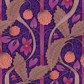 Botanical seamless pattern, ornament with blackberries in violet-red colors