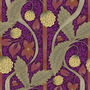  Seamless pattern with blackberries in Morris style on a purple background
