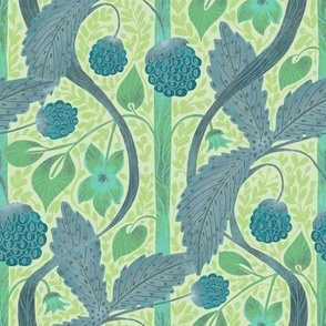 Botanical seamless pattern, ornament with blackberries in blue-green colors