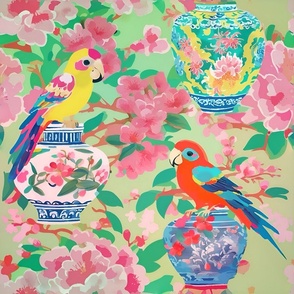 Parrots, peonies and chinoiserie jars on lime green