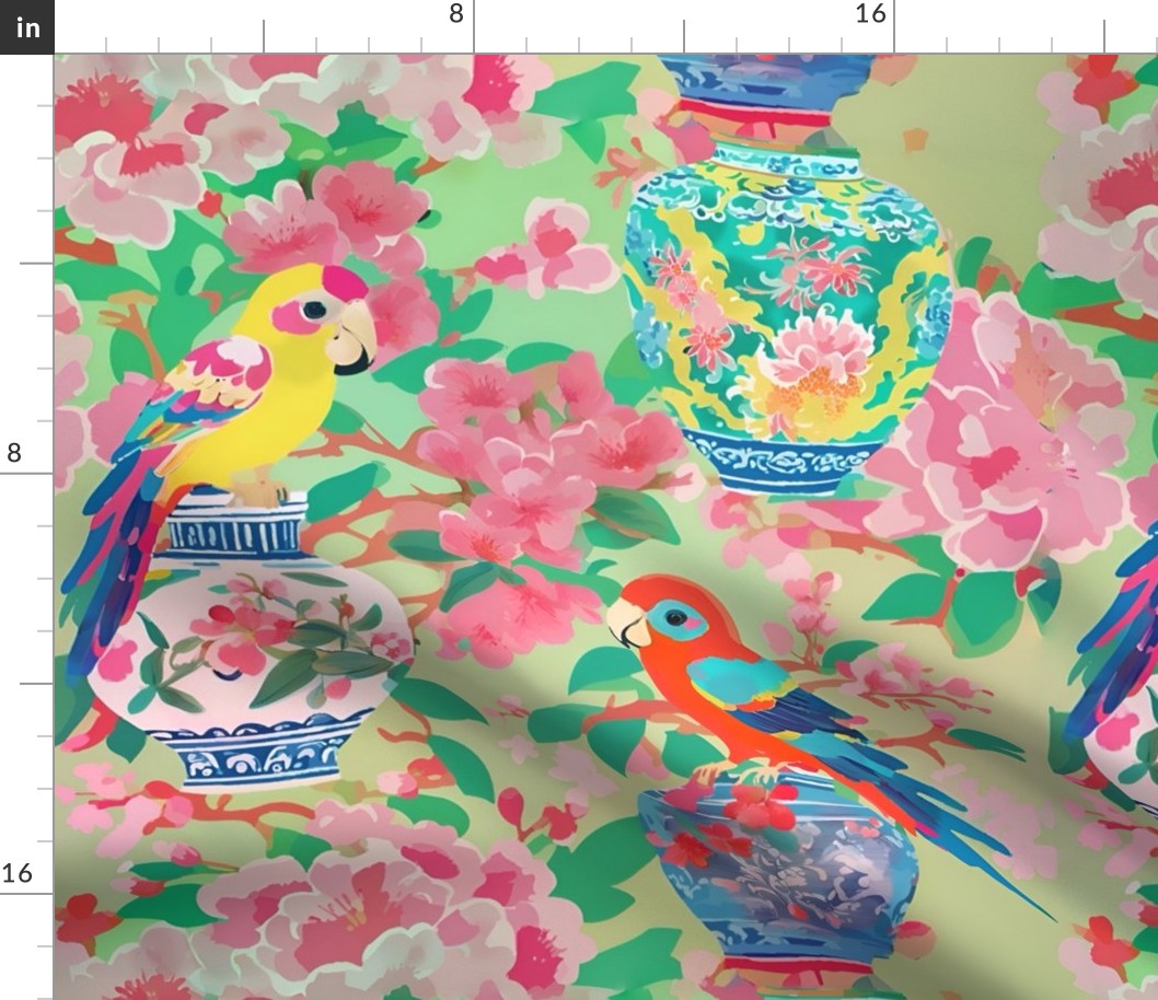 Parrots, peonies and chinoiserie jars on lime green