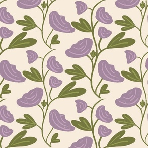 Retro botanical spring hand drawn purple violet flowers with green artichoke leaves on a beige ivory background 