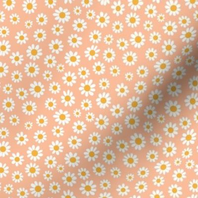 Joyful White Daisies - Ditsy Scale - Peach Fuzz Apricot Pastel Orange Retro Vintage Flowers Floral