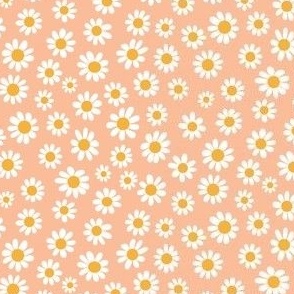 Joyful White Daisies - Ditsy Scale - Peach Fuzz Apricot Pastel Orange Retro Vintage Flowers Floral