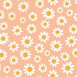 Joyful White Daisies - Small Scale - Peach Fuzz Apricot Pastel Orange Retro Vintage Flowers Floral