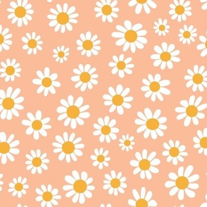 Joyful White Daisies - Medium Scale - Peach Fuzz Apricot Pastel Orange Retro Vintage Flowers Floral