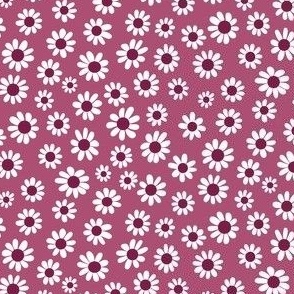 Joyful White Daisies - Ditsy Scale - Rich Berry Red Color Retro Vintage Flowers Floral