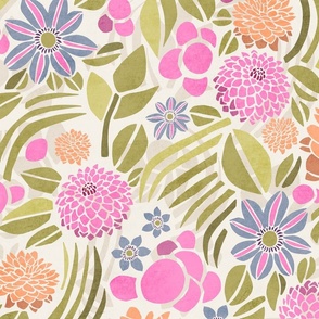 Retro Floral with Clematis and Dahlia – Light in Olive and Pink – Large Scale