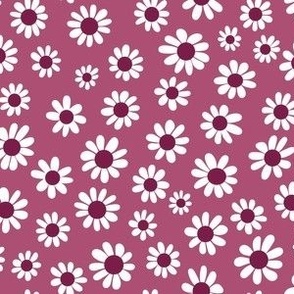 Joyful White Daisies - Small Scale - Rich Berry Red Color Retro Vintage Flowers Floral
