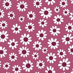 Joyful White Daisies - Medium Scale - Rich Berry Red Color Retro Vintage Flowers Floral