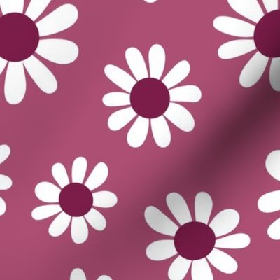 Joyful White Daisies - Large Scale - Rich Berry Red Color Retro Vintage Flowers Floral