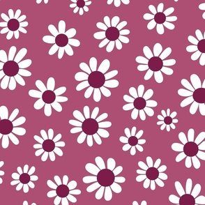 Joyful White Daisies - Large Scale - Rich Berry Red Color Retro Vintage Flowers Floral