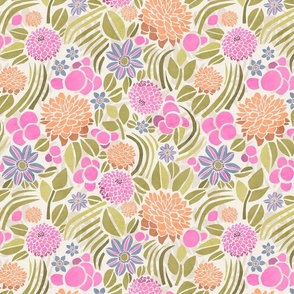 Retro Floral with Clematis and Dahlia – Light in Olive and Pink – Small Scale