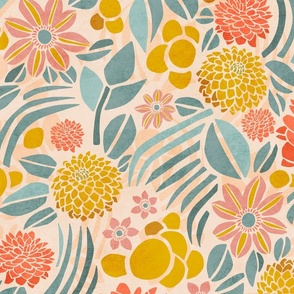 Retro Floral with Clematis and Dahlia – Light in Teal and Yellow – Large Scale