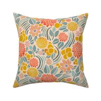 Retro Floral with Clematis and Dahlia – Light in Teal and Yellow – Small Scale