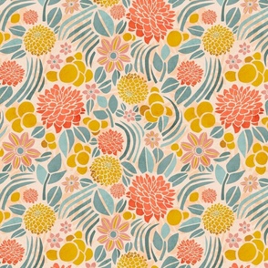 Retro Floral with Clematis and Dahlia – Light in Teal and Yellow – Small Scale
