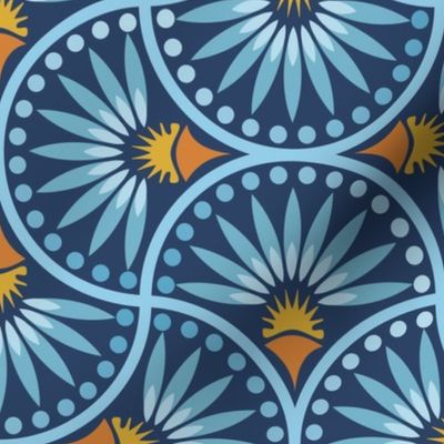 Blue Scallop Floral Block Print Design