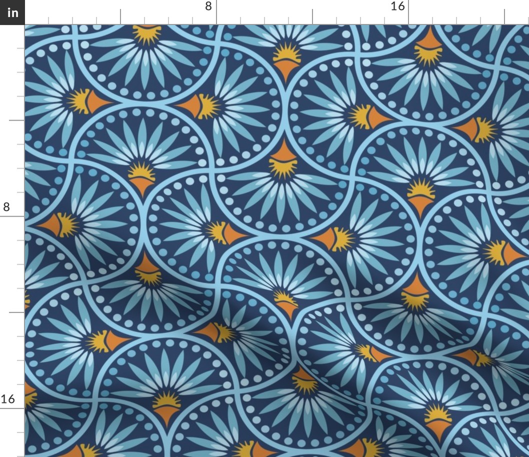 Blue Scallop Floral Block Print Design