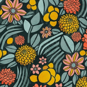 Retro Floral with Clematis and Dahlia – Dark in Teal and Yellow – Large Scale