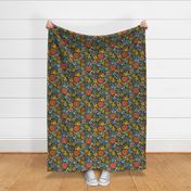 Retro Floral with Clematis and Dahlia – Dark in Teal and Yellow –Small Scale