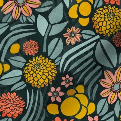 Retro Floral with Clematis and Dahlia – Dark in Teal and Yellow –Small Scale