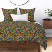 Retro Floral with Clematis and Dahlia – Dark in Teal and Yellow –Small Scale