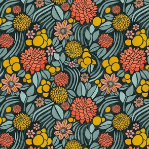 Retro Floral with Clematis and Dahlia – Dark in Teal and Yellow –Small Scale