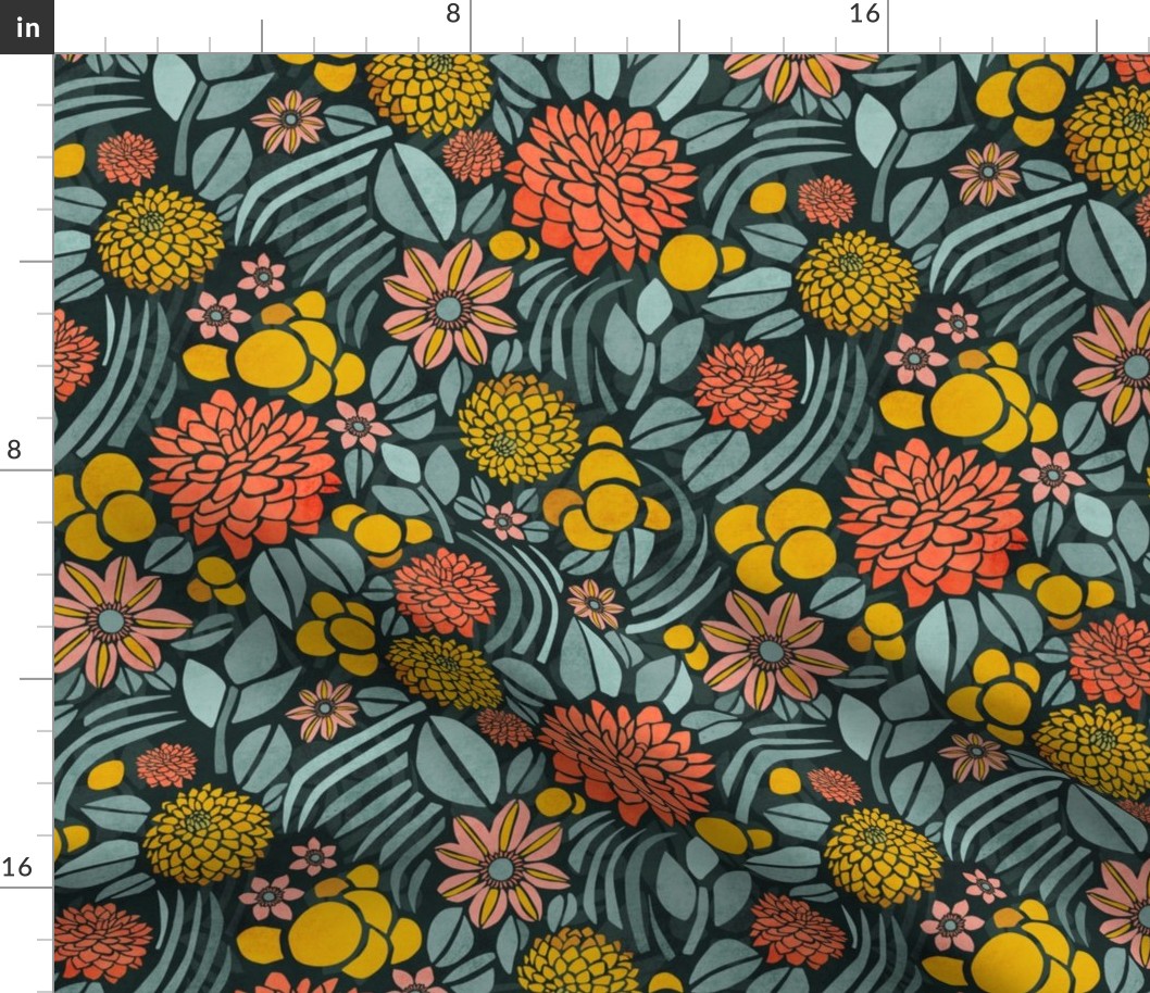 Retro Floral with Clematis and Dahlia – Dark in Teal and Yellow –Small Scale