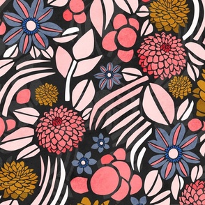 Retro Floral with Clematis and Dahlia – Dark in Pink and Mustard – Large Scale