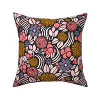 Retro Floral with Clematis and Dahlia – Dark in Pink and Mustard – Small Scale