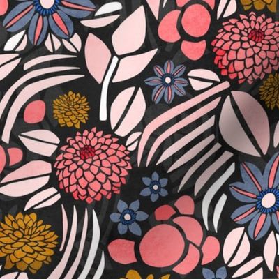 Retro Floral with Clematis and Dahlia – Dark in Pink and Mustard – Small Scale