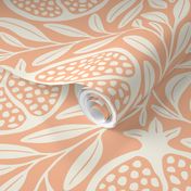 Block Print Pomegranates with Leaves - Peach & Cream - Extra Large (XL) Scale - Traditional Botanical with a Modern Flair