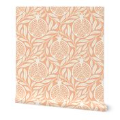 Block Print Pomegranates with Leaves - Peach & Cream - Extra Large (XL) Scale - Traditional Botanical with a Modern Flair