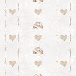 Ivory Boho rainbow and heart stripe cream textured background  with  watercolor Terracotta hearts 