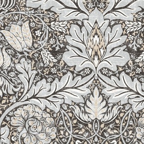 William Morris Style Botanical floral Wallpaper - Black Grey White Flower