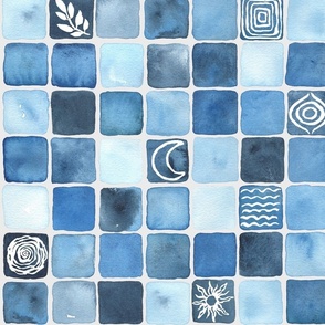 large - Blue hand-painted watercolor square tiles - indigo_ prussian _denim and azure blue with ornaments