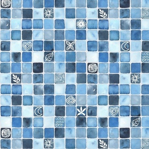 medium - Blue hand-painted watercolor square tiles - indigo_ prussian _denim and azure blue with ornaments