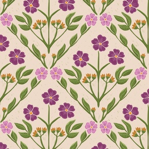 Block Print Inspired Pink and Purple Flowers on Beige 