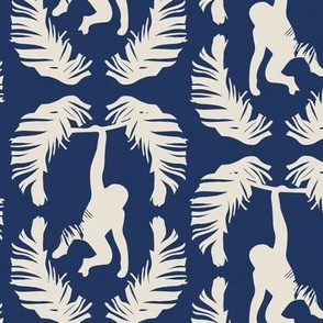 Monkey Jungle Pattern Modern Tropical - Navy Blue and Cream