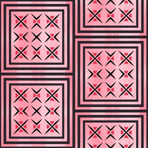 Block Print Valentine Hearts on Pink Tile Framed Block