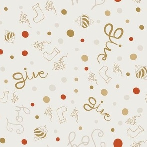 Joy and Give Typography in Fun Christmas Hand Drawn Motifs - Ornaments, Stockings, Polka Dots -  Crimson, Gold -  Ivory White Background
