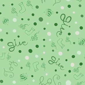 Joy and Give Typography in Fun Christmas Hand Drawn Motifs - Ornaments, Stockings, Polka Dots -  Dark Green, Soft Green -  Mint Green Background