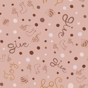 Joy and Give Typography in Fun Christmas Hand Drawn Motifs - Ornaments, Stockings, Polka Dots -  Chocolate Brown -  Oat Background
