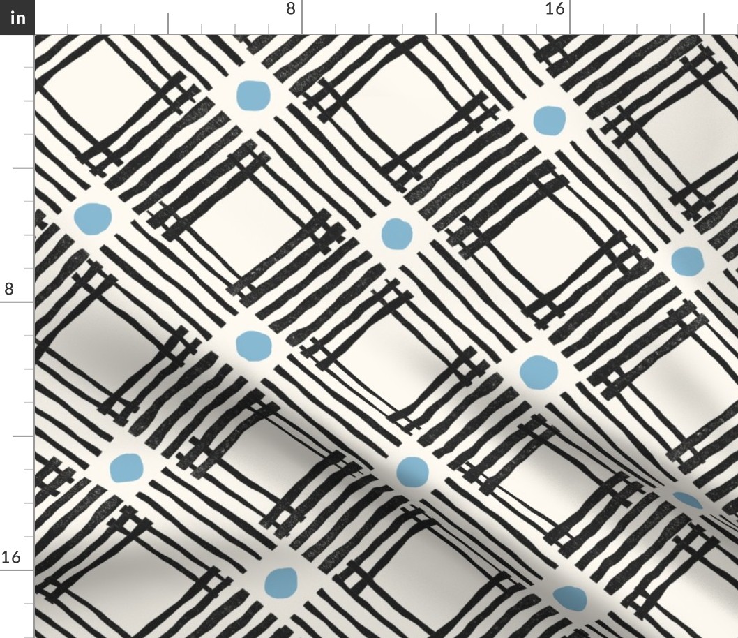 Large Diamond Crosshatch Geometric In Soft Black on Off White Ecru with Light Blue Dots