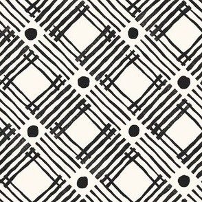 Small Diamond Crosshatch Geometric In Soft Black on Off White Ecru with Soft Black Dots