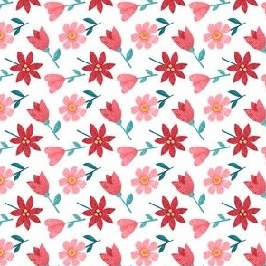 Watercolor red and pink flowers on white background / Paper cut style 
