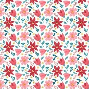 Watercolor red and pink flowers  on white background / Paper cut style
