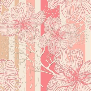 Peach apricot blossom in floral pattern on a gray background