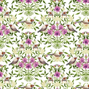 Bright birds and flower botanical intricate Arts and Crafts damask pattern for wallpaper and fabric on white, medium scale