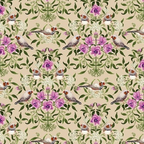 Bright birds and flower botanical intricate damask pattern for wallpaper and fabric on sand beige